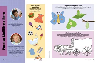 PDF ng pahina ng aktibidad sa pagkukulay ng isang may takip na bagon, aktibidad tungkol sa paru-paro na aayusin ayon sa pagkakasunud-sunod, at aktibidad sa pagpili sa araw ng Sabbath