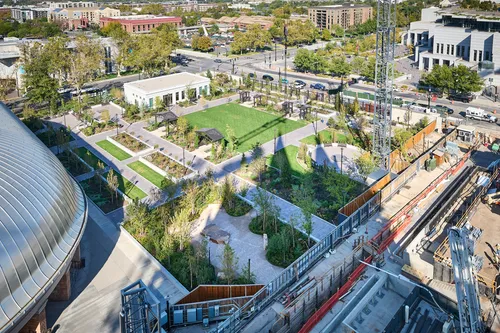A view of Temple Square while under construction in October 2024. The image features an overview of the northwest quadrant next to the Salt Lake Tabernacle.