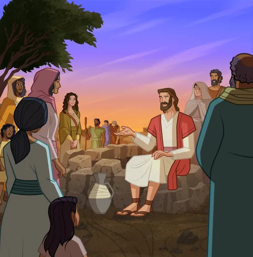Jesus teaching more people at the well.