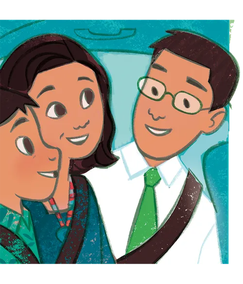 Boy and his parents sitting in the back of a taxi