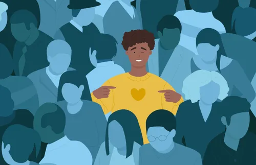 an illustration of a smiling young man standing out in a crowd of sad people