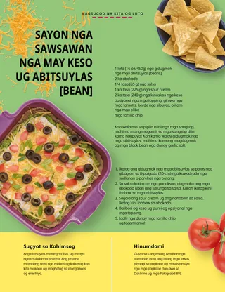 Pahina nga anaa sa PDF sa usa ka panaksan sa mga tortilla chip, sudlanan nga dunay sawsawan nga abitsuylas, ug mga tamatis