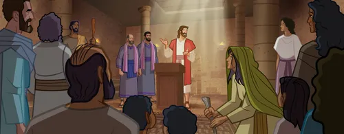 Jesus notices a woman while teaching in the synagogue.