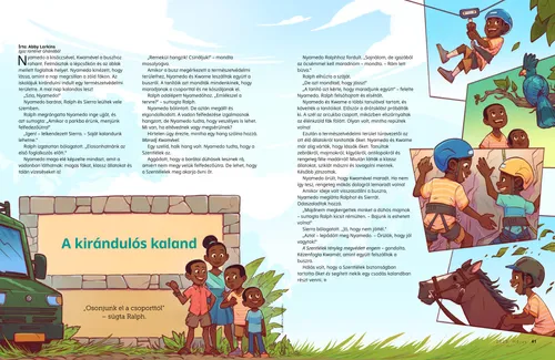 PDF-történet: fiú egy kötélpályán, madarakat figyelve és sziklát mászva, és lovaglás közben a testvérével