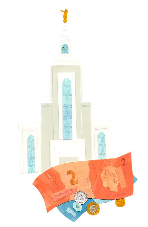 Illustration of a temple and money from different countries