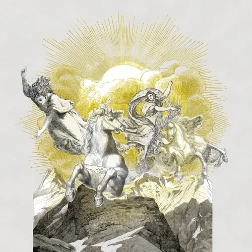 illustration of horses and angels surrounding the mountain