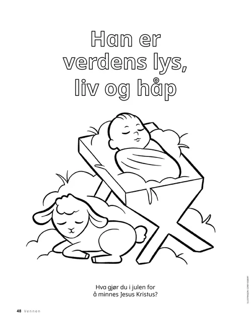 PDF-fargeleggingsside av Jesusbarnet i en krybbe med et lam som ligger i nærheten