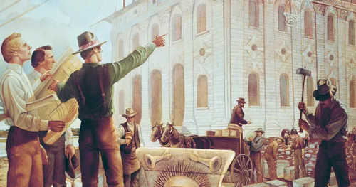 Joseph Smith with men building the Nauvoo Temple
