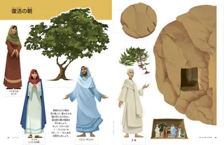 cut-out figures of Jesus, Mary, and the tomb