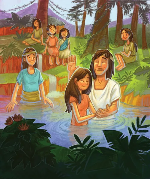 An illustrated Book of Mormon scene of a man baptizing a woman in a river while other people watch and wait to be baptized.