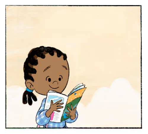 Girl happily looks at magazine with a thought bubble above her head