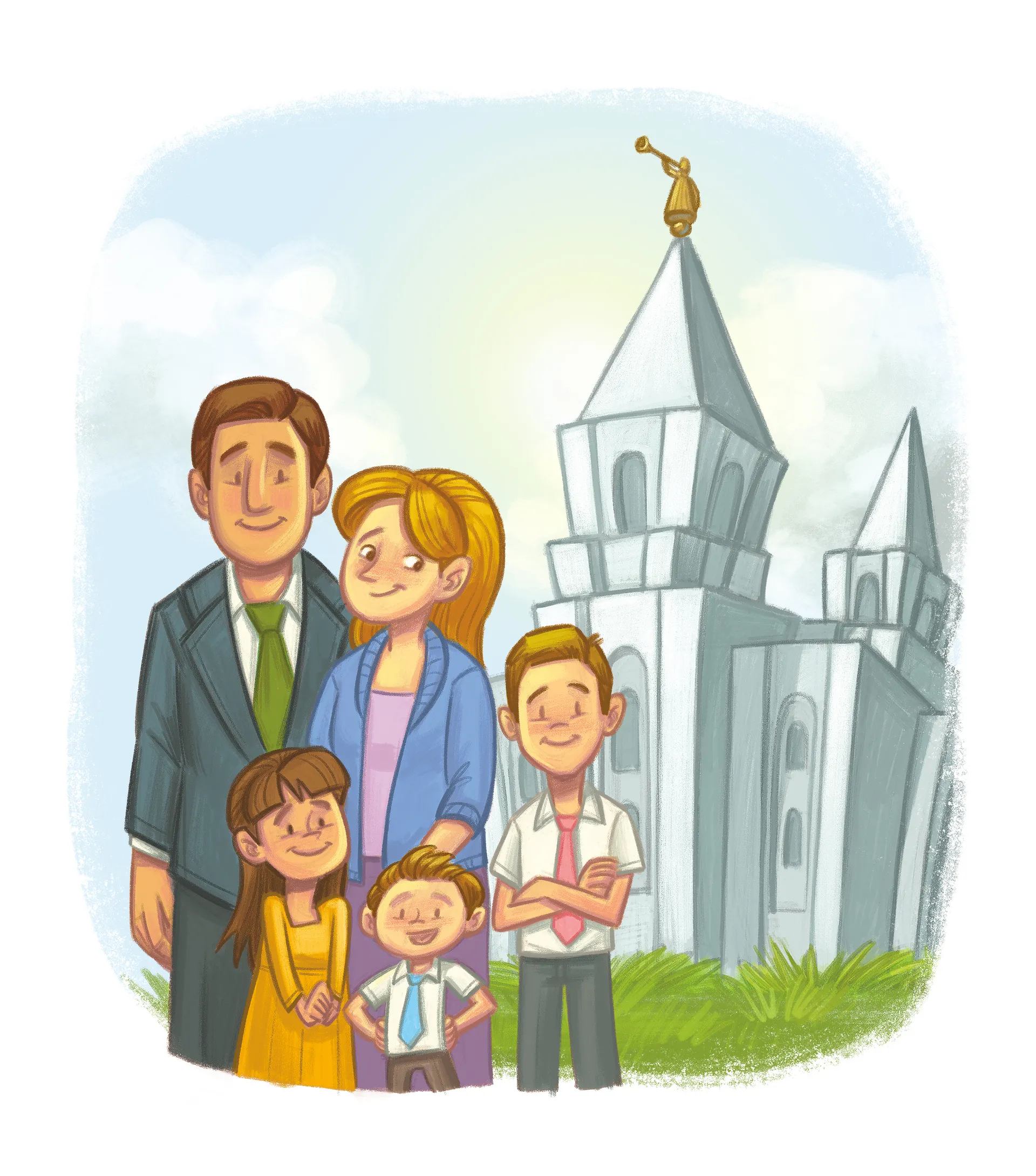 A family of five stands outside of a temple together.