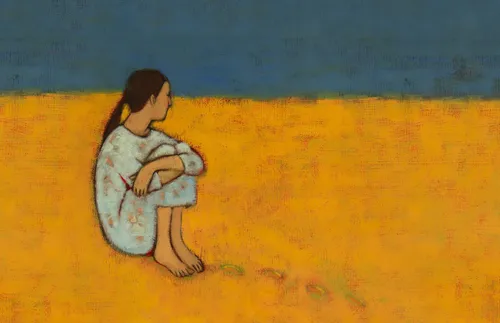 woman staring off into the distance in front of a blue and yellow background