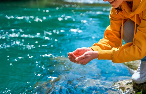 hands scooping water out of a body of water