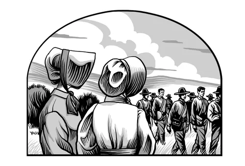 women watching as men march away