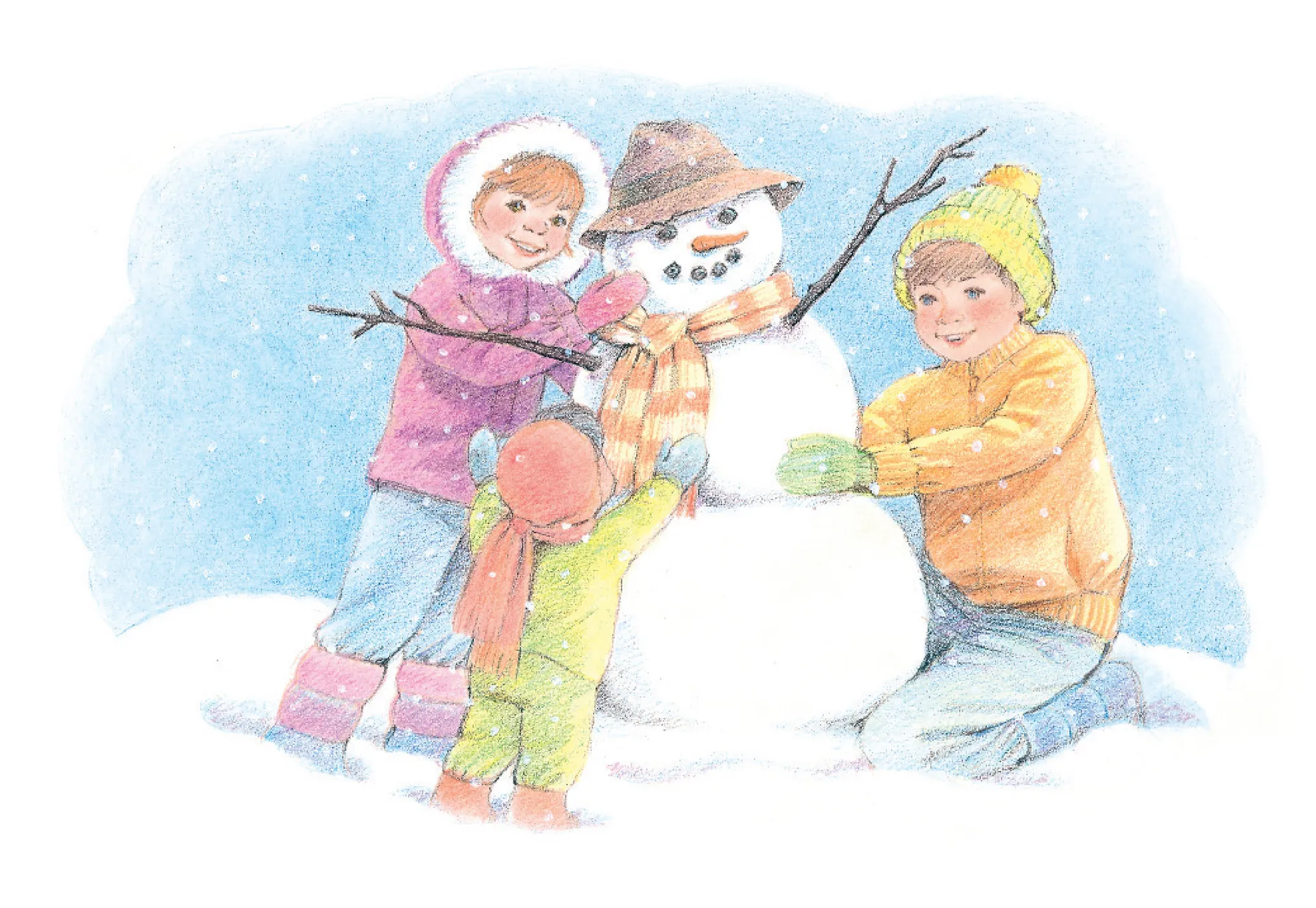 Three children building a snowman. From the Children’s Songbook, page 249, “Once There Was a Snowman”; watercolor illustration by Virginia Sargent.