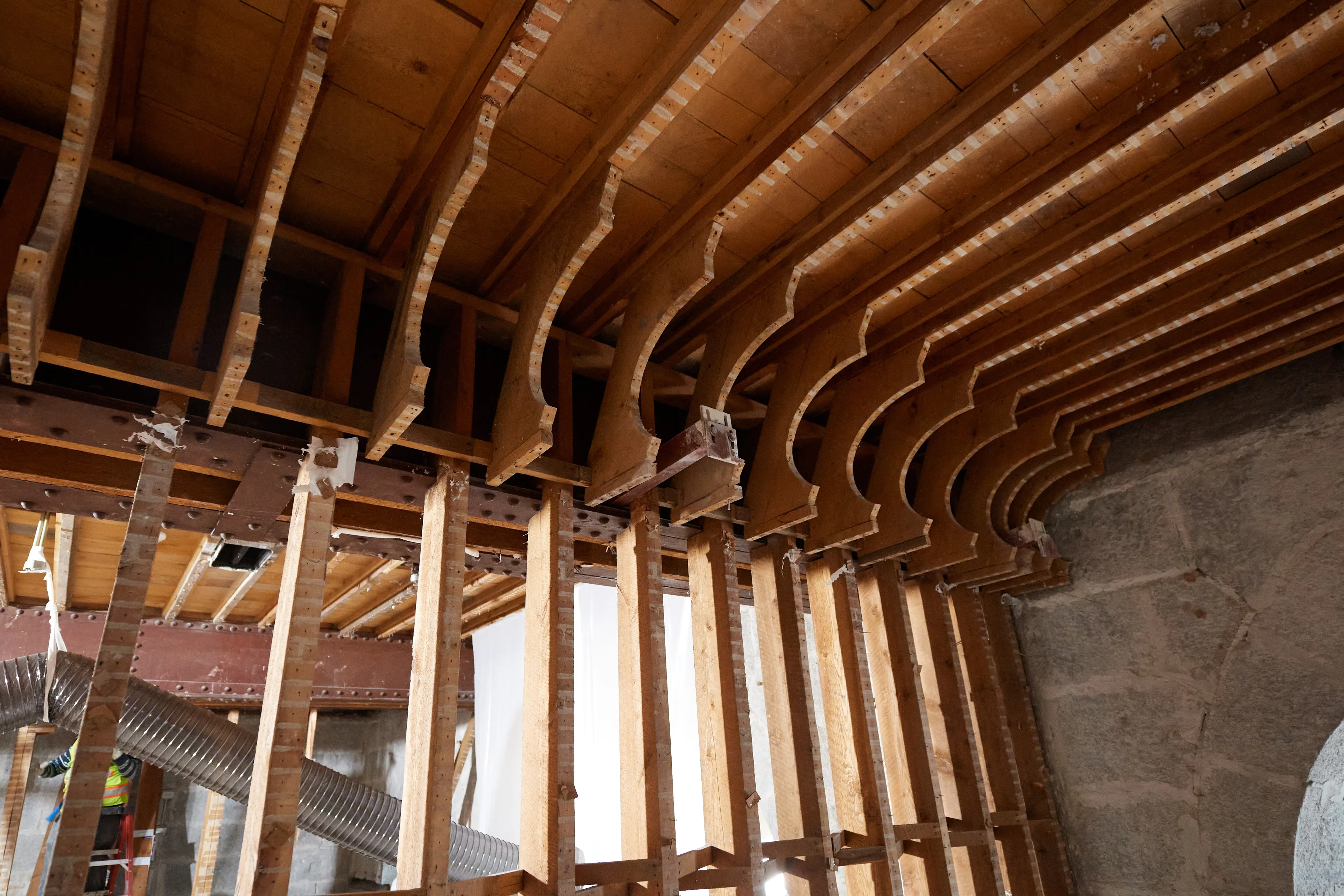 Construction on the Salt Lake Temple during September, 2020. Construction workers are working inside the temple. 