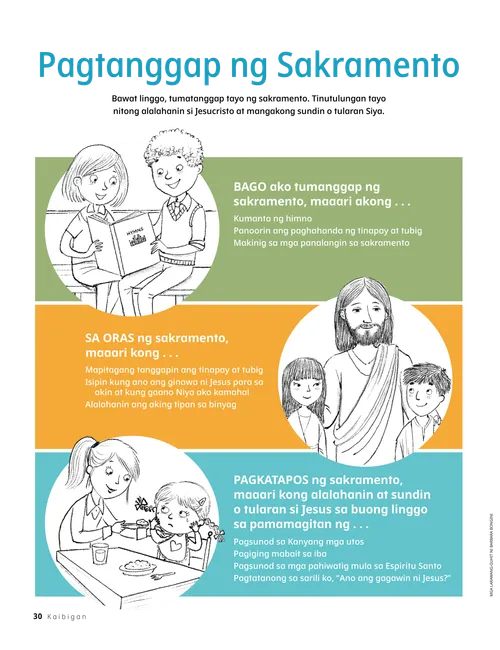 PDF ng pahina na may mga paglalarawan ng mga batang kumakanta ng himno, si Jesucristo na may kasamang dalawang bata, at batang babaeng nagpapakain ng sanggol sa mesa