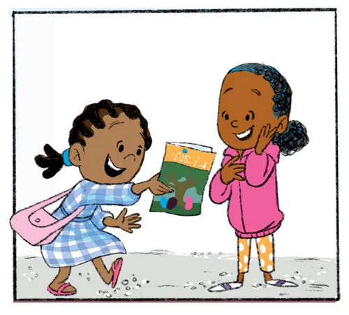 Girl gives magazine to the other girl