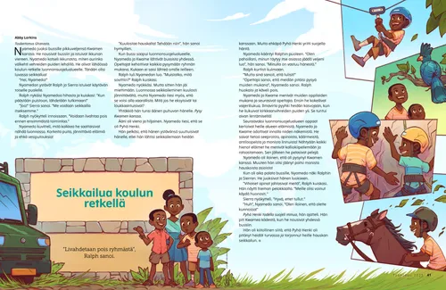 PDF-kertomus, jossa poika laskee vaijeriliukua, katselee lintuja, kiipeää veljensä kanssa kalliota pitkin ja ratsastaa hevosella