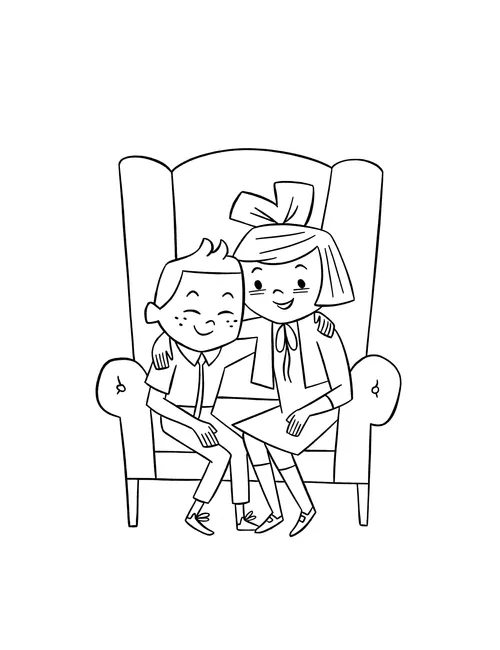 Coloring page PDF of two children sitting together on a chair