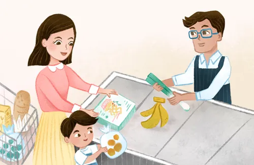 mom and children buying groceries