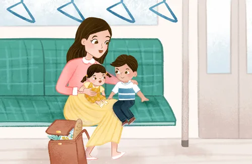 mom, boy, and girl sitting in bus