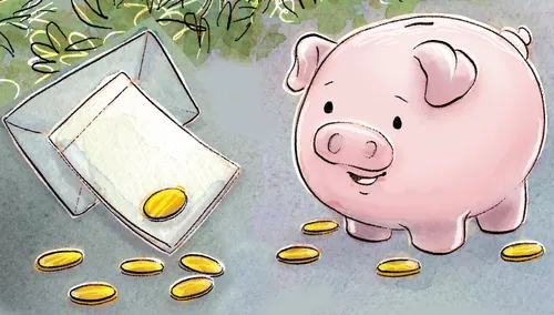 Piggy bank and coins