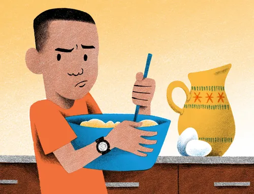 A grumpy boy stirring a bowl