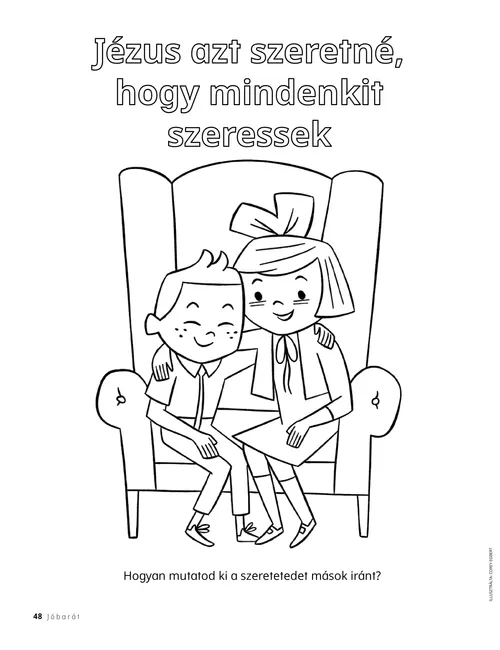 PDF-oldal nagy székben ülő, egymás vállát átkaroló lányt és fiút ábrázoló színezővel