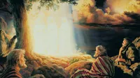 Christ surrounded by light as He is transfigured. Moses and Elias stand with Him. The three figures are standing behind a tree, and large colorful clouds are visible in the background. Peter, James and John sit on rocks in the foreground as they watch.