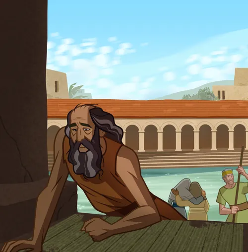 A sick man lying near the pool.