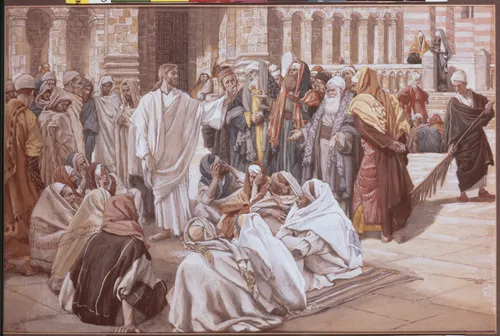 Jesus Christ (dressed in white robes) speaking to a group of Pharisees. The Pharisees, some standing, some sitting, are gathered around Christ as they question Him.