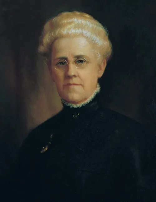 A painted portrait by Lewis A. Ramsey of Louie Bouton Felt against a black background, wearing a black dress with a high collar.