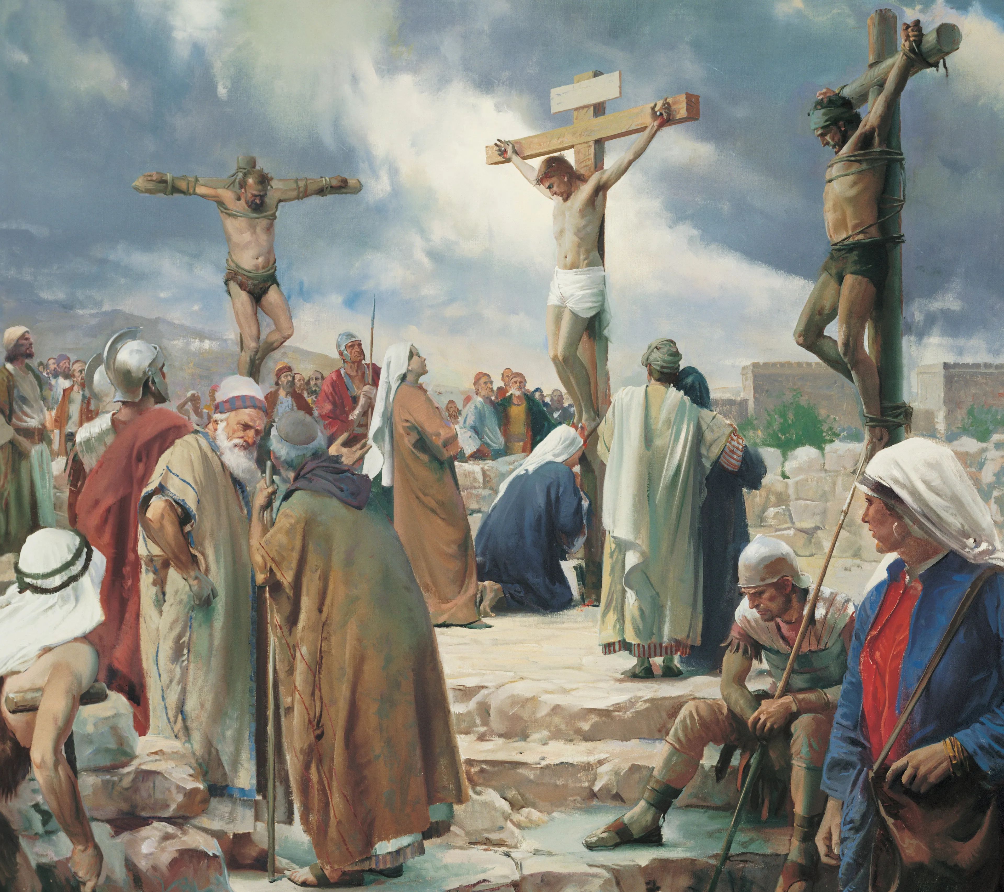 The Crucifixion, by Harry Anderson (62505); GAK 230; GAB 57; Primary manual 1-59; Primary manual 2-61; Primary manual 3-71; Primary manual 4-11; Primary manual 6-27; Primary manual 7-33; Psalm 22:16; Matthew 27:31–50; Mark 15:20–37; Luke 23:33–46; John 19:16–37; 1 Nephi 19:10; 2 Nephi 5; 6:9; 10:3; 25:13; Mosiah 3:9; 15:7