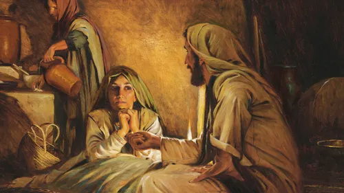 Mary sitting and listening to the Savior as Martha works in the background