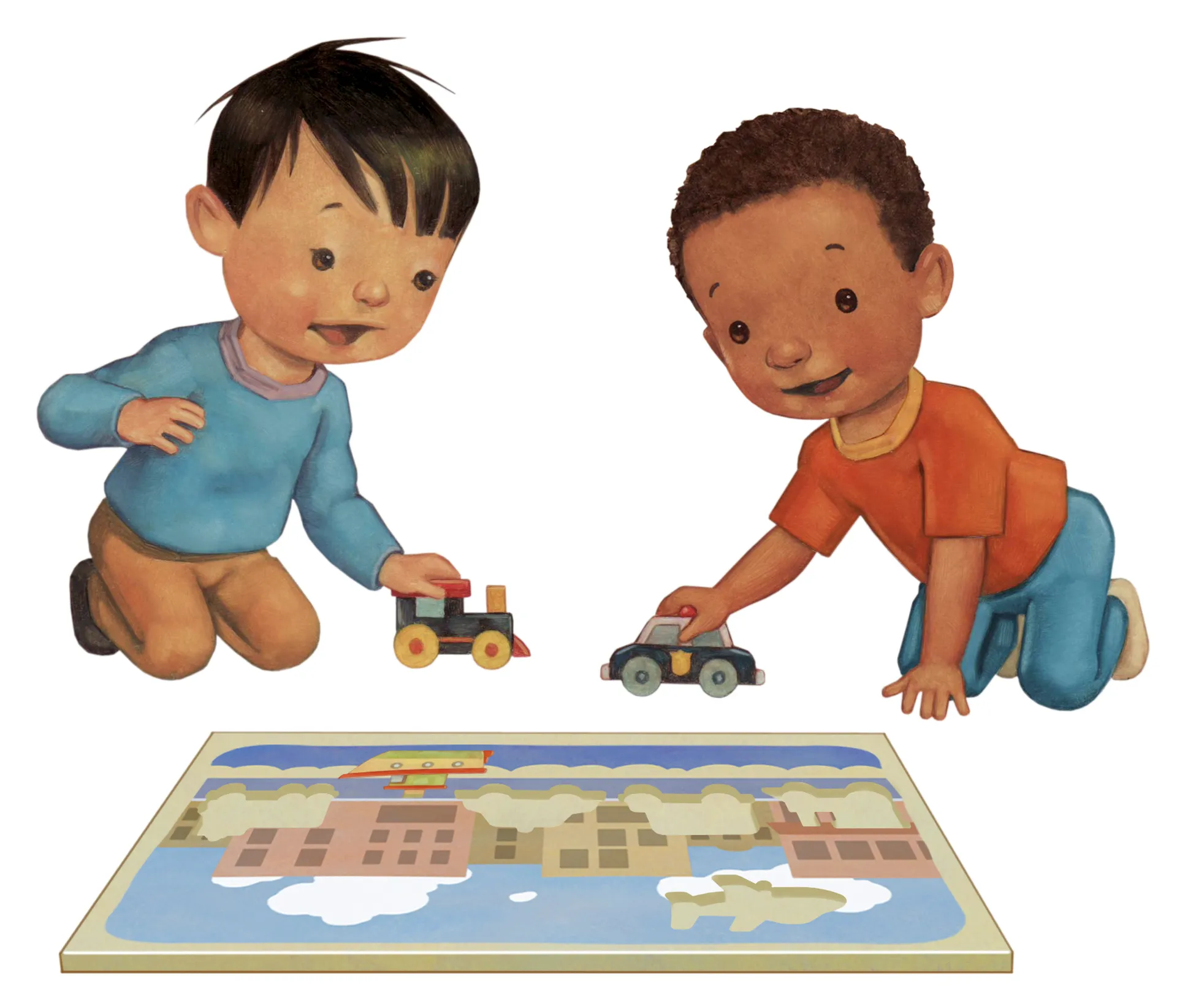 Two boys play together with a puzzle and two cars.
