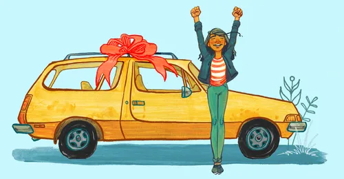 young woman standing by car