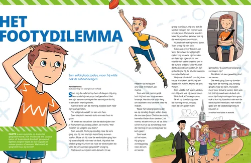 Pagina (pdf) met illustraties van een jongen die zich op zijn hoofd krabt, footy speelt, in een auto bidt en met zijn familie naar de kerk loopt