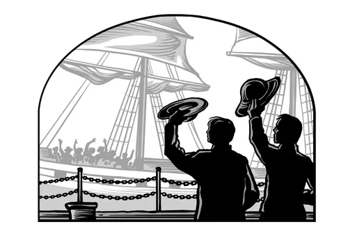 men waving from dock to passengers on ship