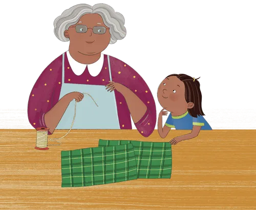 Grandma and girl with banana leaves