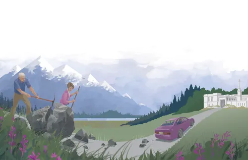 older couple working together to remove a big rock from a road