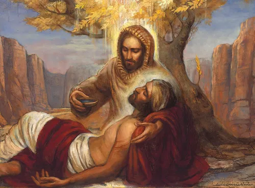 Jesus helping injured man