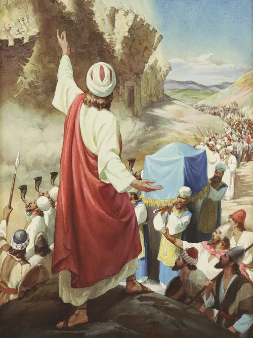 people walking by as the walls of Jericho fall down