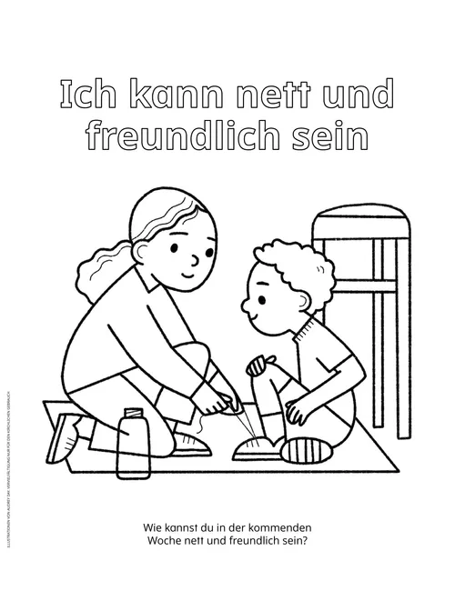 PDF/Ausmalbild: Ein Mädchen bindet einem Jungen die Schuhe zu