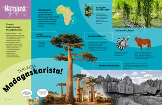 Sivun PDF, jossa on pieni Afrikan kartta sekä kuvia apinanleipäpuista, kivimuodostelmista, vaniljakasveista, makista ja seebusta