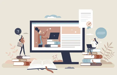 a girl studying and learning from books and a computer