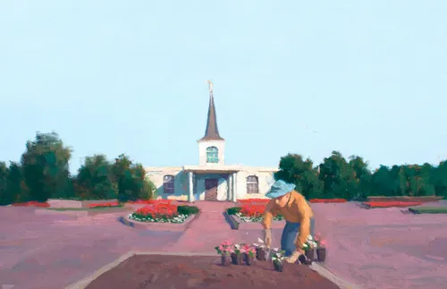 a figure gardening on the temple grounds