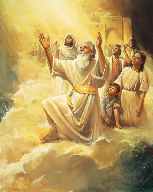 A painting by Del Parson showing Enoch surrounded by the people of his city on a large cloud being raised into the air.
