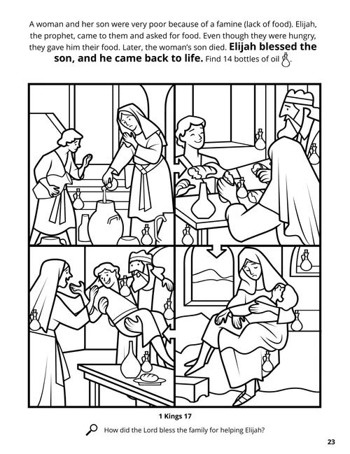 Coloring page PDF of Elijah eating with a woman and her son, and Elijah healing the son
